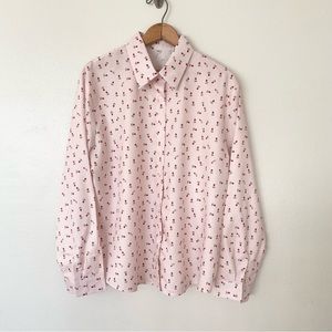 Long Sleeve Button Up Blouse Pale Pink Rose Pattern Women's Size 2XL No Tags
